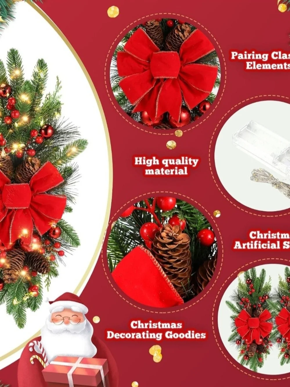 Red Holiday Pine Teardrop Swag with Bow and Lights. NEW.